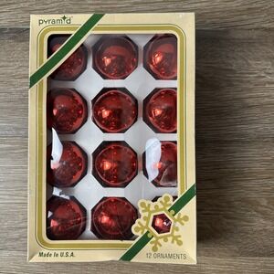 Vintage Rauch Pyramid Box Of 12 Round Ornaments Red Glass made in usa Christmas